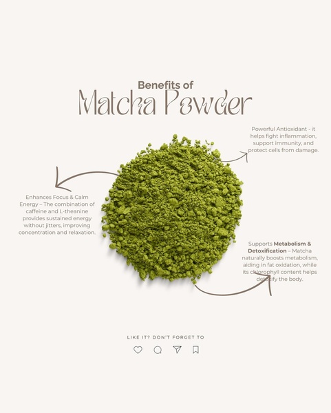 A clean, minimalist product infographic highlighting three specific physiological benefits of matcha powder using directional arrows and clear typography.